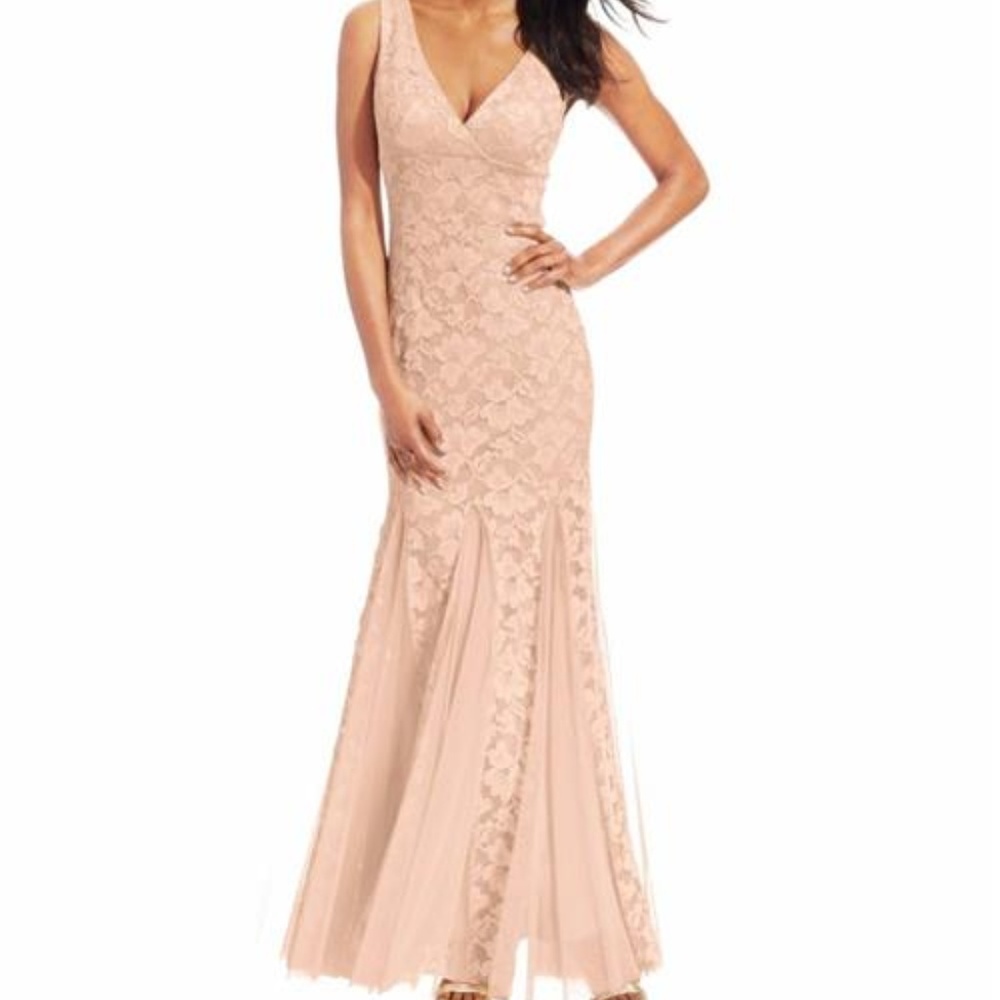 XSCAPE DRESS Floral LACE MERMAID GOWN Nude BEIGE